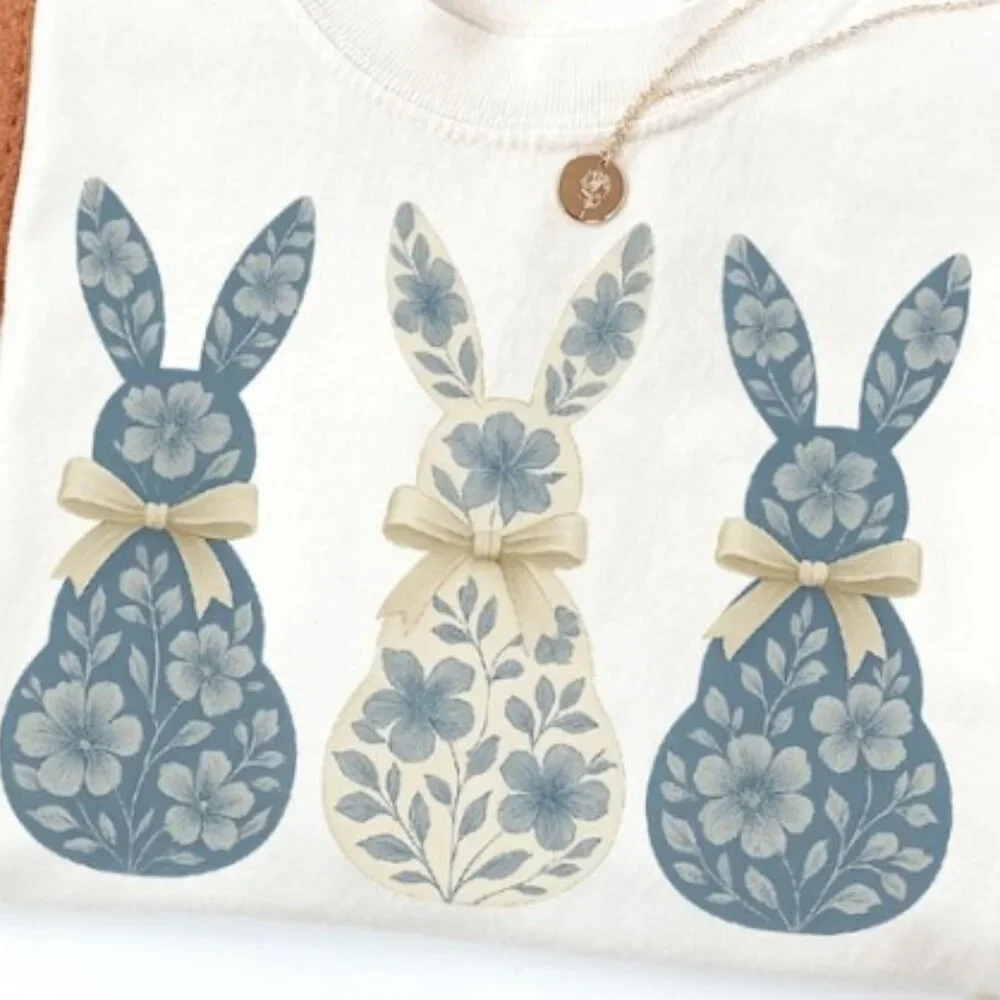 Floral Bunny Shirt, Cute Bunnies Shirt, Coquette Bow Easter Shirt - Picture 2 of 3